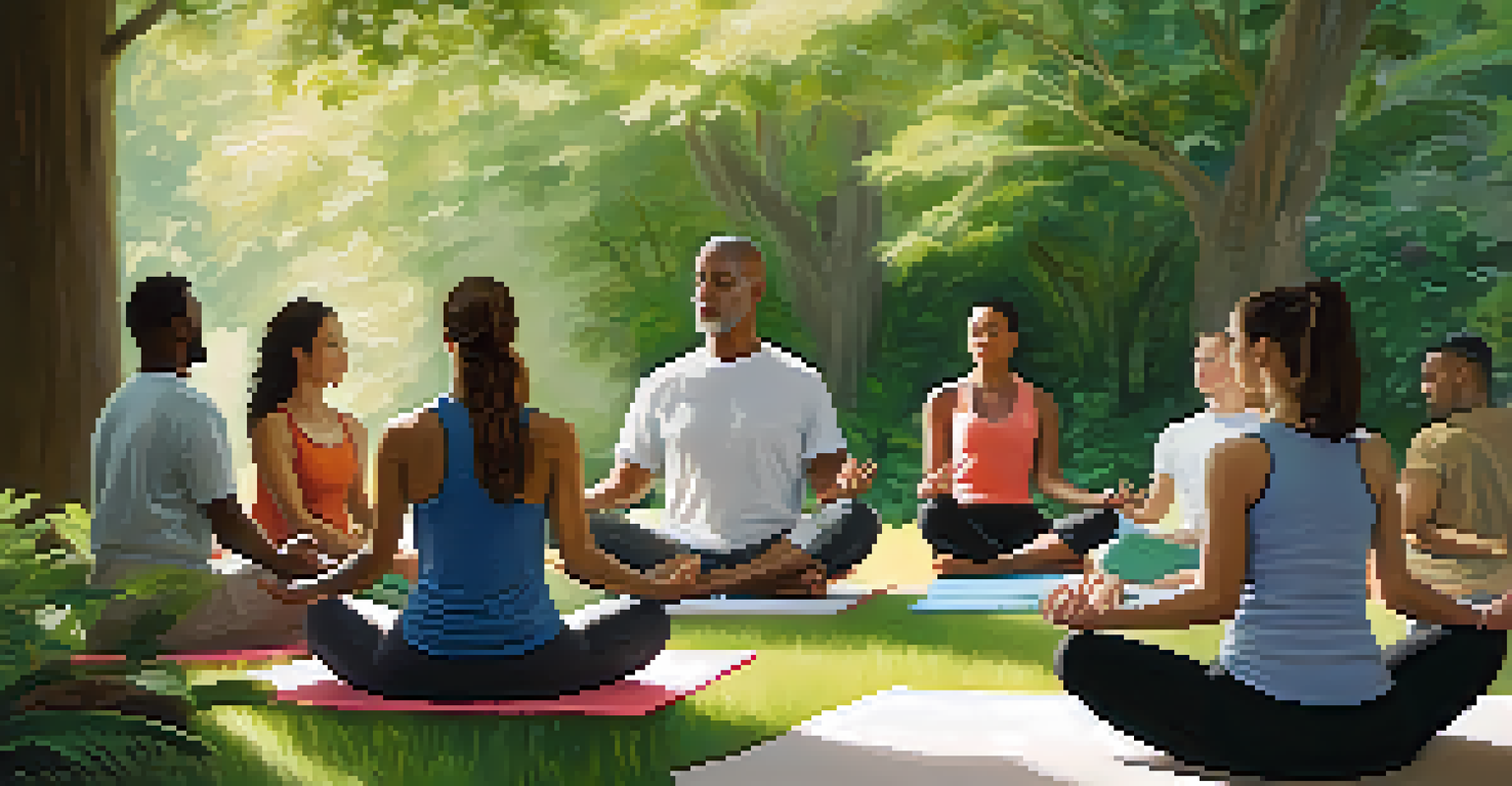 A wellness coach leading a small group in mindfulness meditation outdoors, surrounded by greenery and soft sunlight.