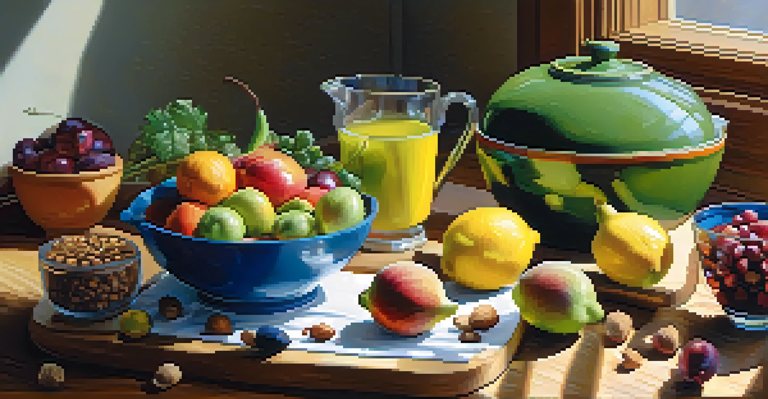 A colorful kitchen setup with fruits, vegetables, and a glass of water, illuminated by soft morning light.