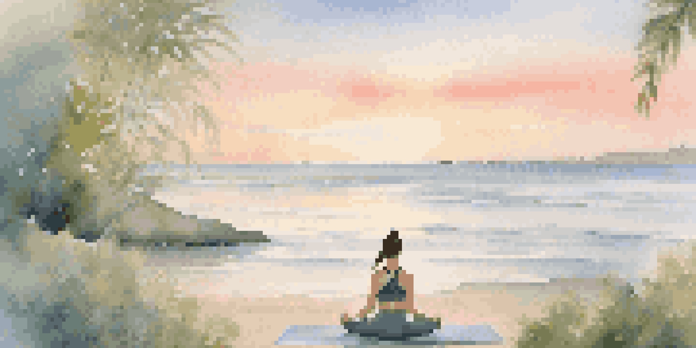 A woman practicing Child's Pose on a yoga mat at sunrise on a beach, with pastel colors in the sky and greenery in the background.