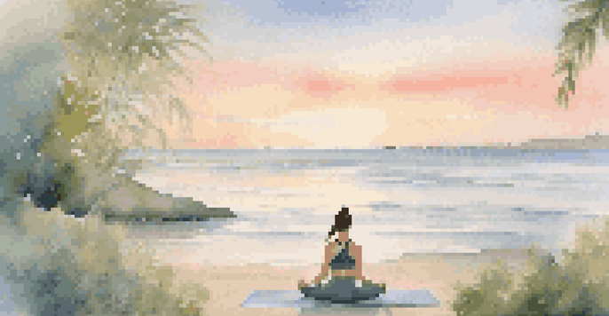 A woman practicing Child's Pose on a yoga mat at sunrise on a beach, with pastel colors in the sky and greenery in the background.