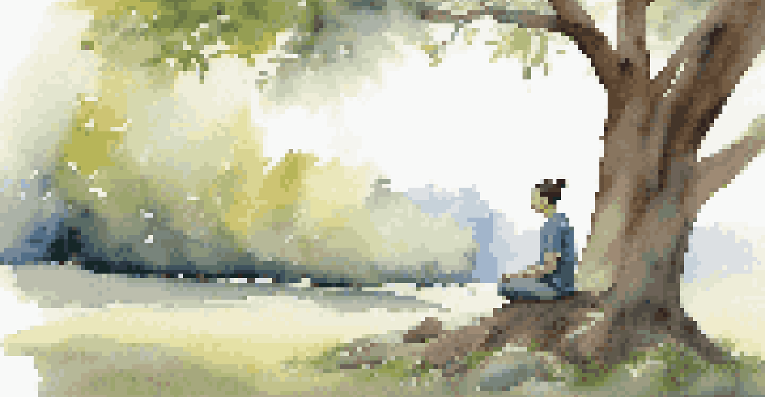 A person practicing mindfulness outdoors, seated on a mat under a tree with a calm expression, surrounded by nature.