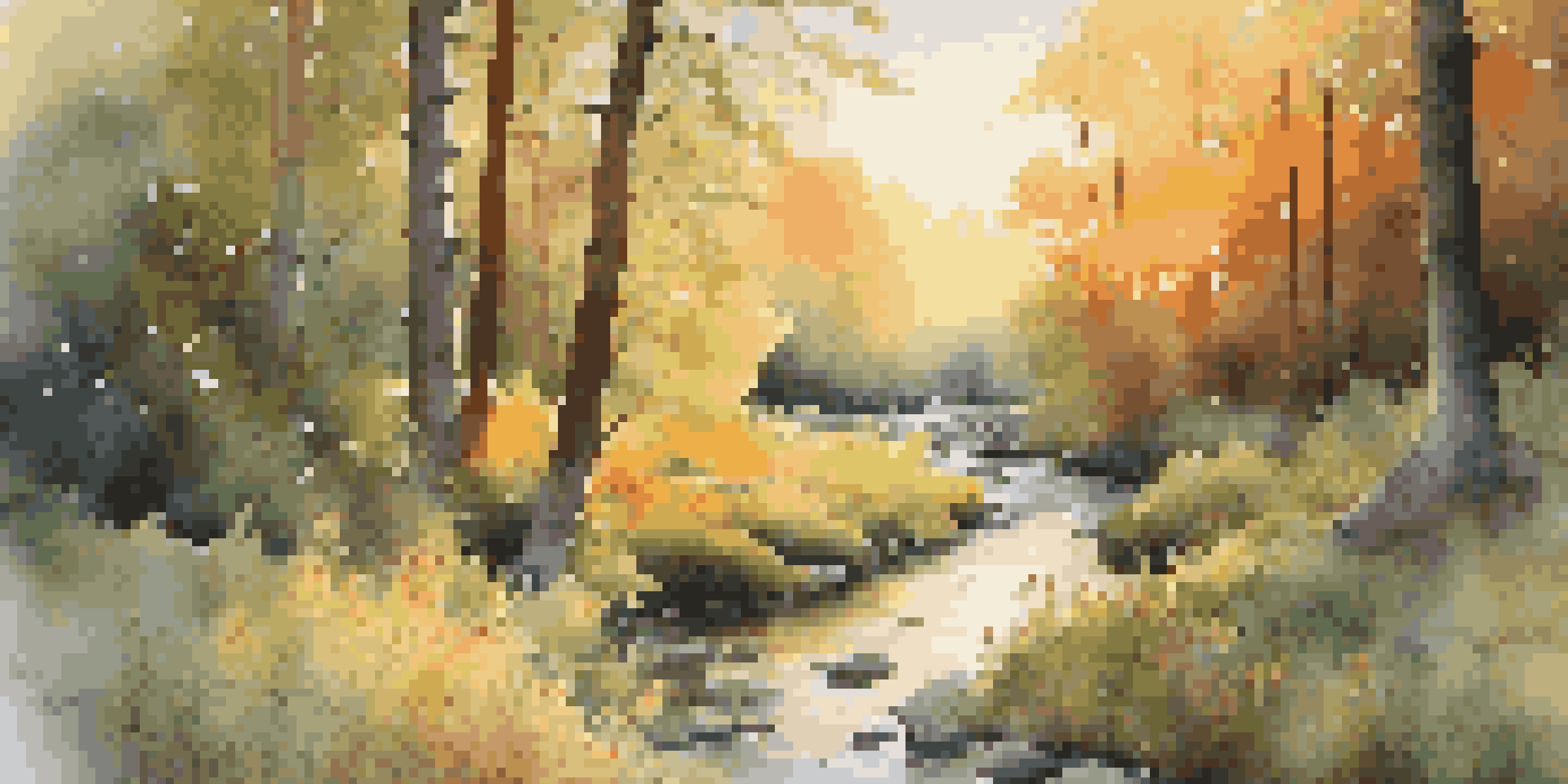 A peaceful forest during sunset, illuminated by warm sunlight, with wildflowers in a clearing and a stream reflecting the colorful sky.