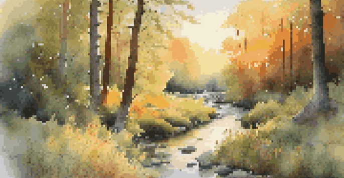 A peaceful forest during sunset, illuminated by warm sunlight, with wildflowers in a clearing and a stream reflecting the colorful sky.