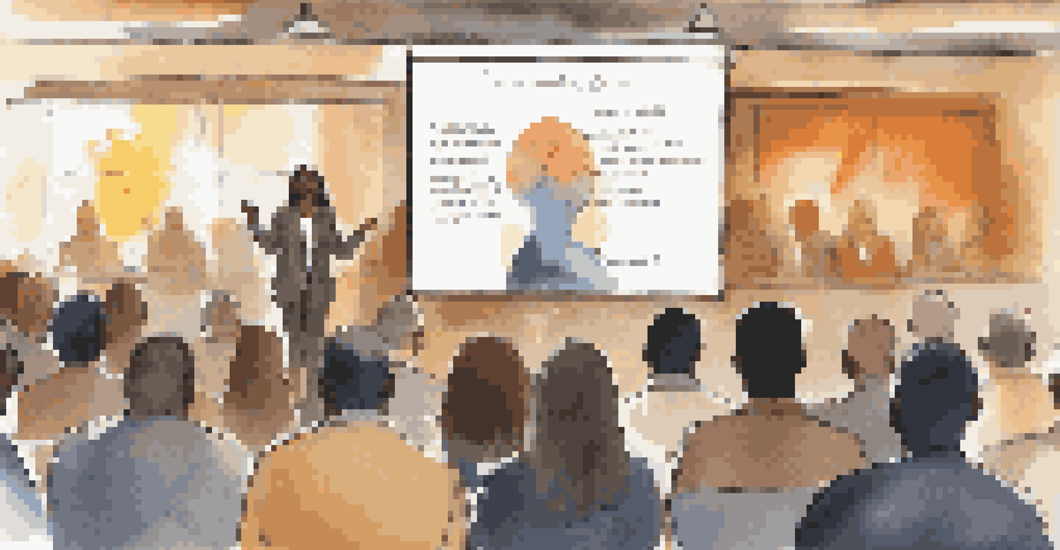 A community leader addressing an audience at a town hall meeting, with visible charts and engaged listeners in warm lighting.