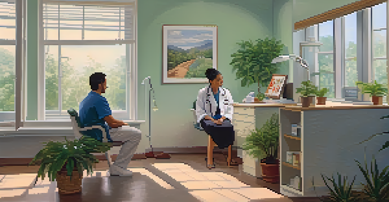 A couple sitting together in a doctor's office, looking at a medical report with supportive expressions.