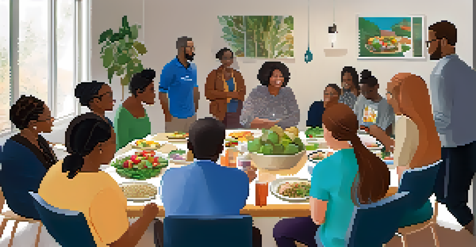 A community health workshop with diverse participants learning about healthy cooking, surrounded by fresh fruits and vegetables on a table.