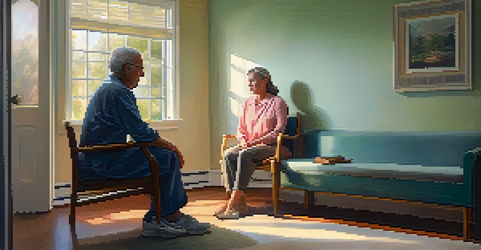 A caregiver providing support to an anxious individual in a calming environment.