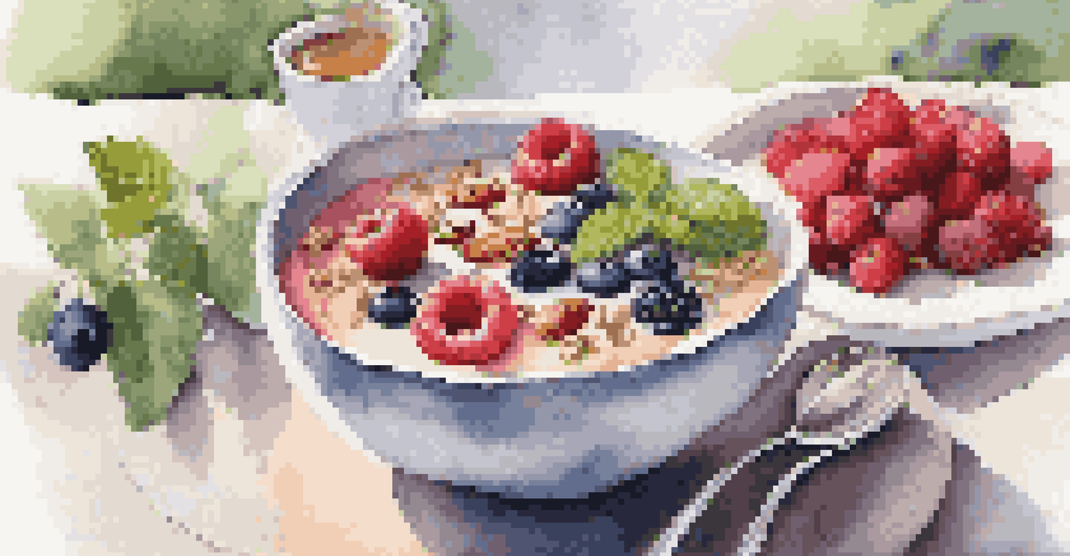 A breakfast table with a smoothie bowl filled with berries and nuts, and a cup of herbal tea, illuminated by natural light.