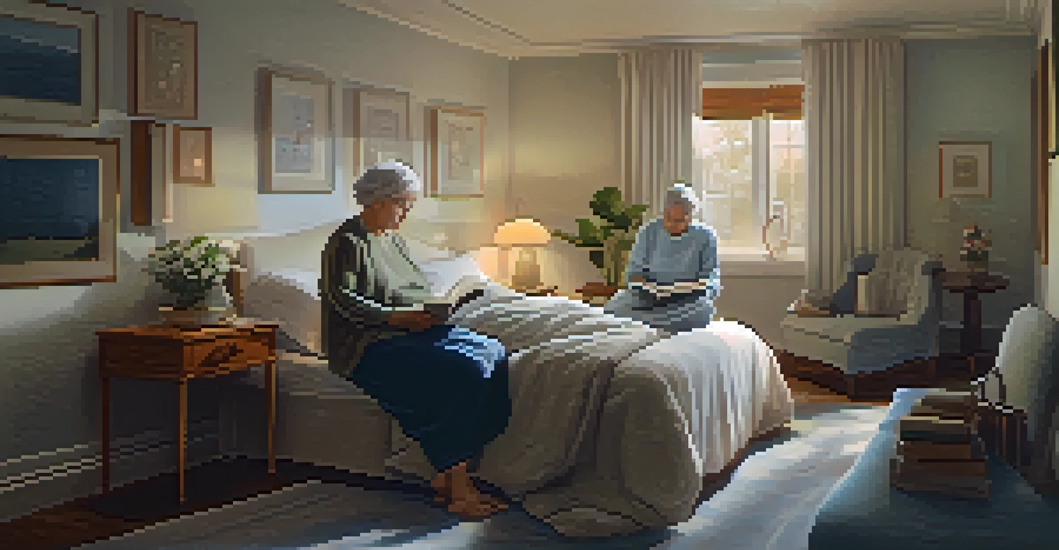 An elderly couple on their bed, one reading and the other stretching, showcasing a calming bedtime routine.