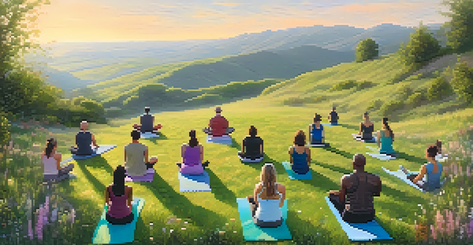 A group of diverse individuals practicing yoga on a hillside at sunrise, surrounded by wildflowers and wearing eco-friendly workout clothes.