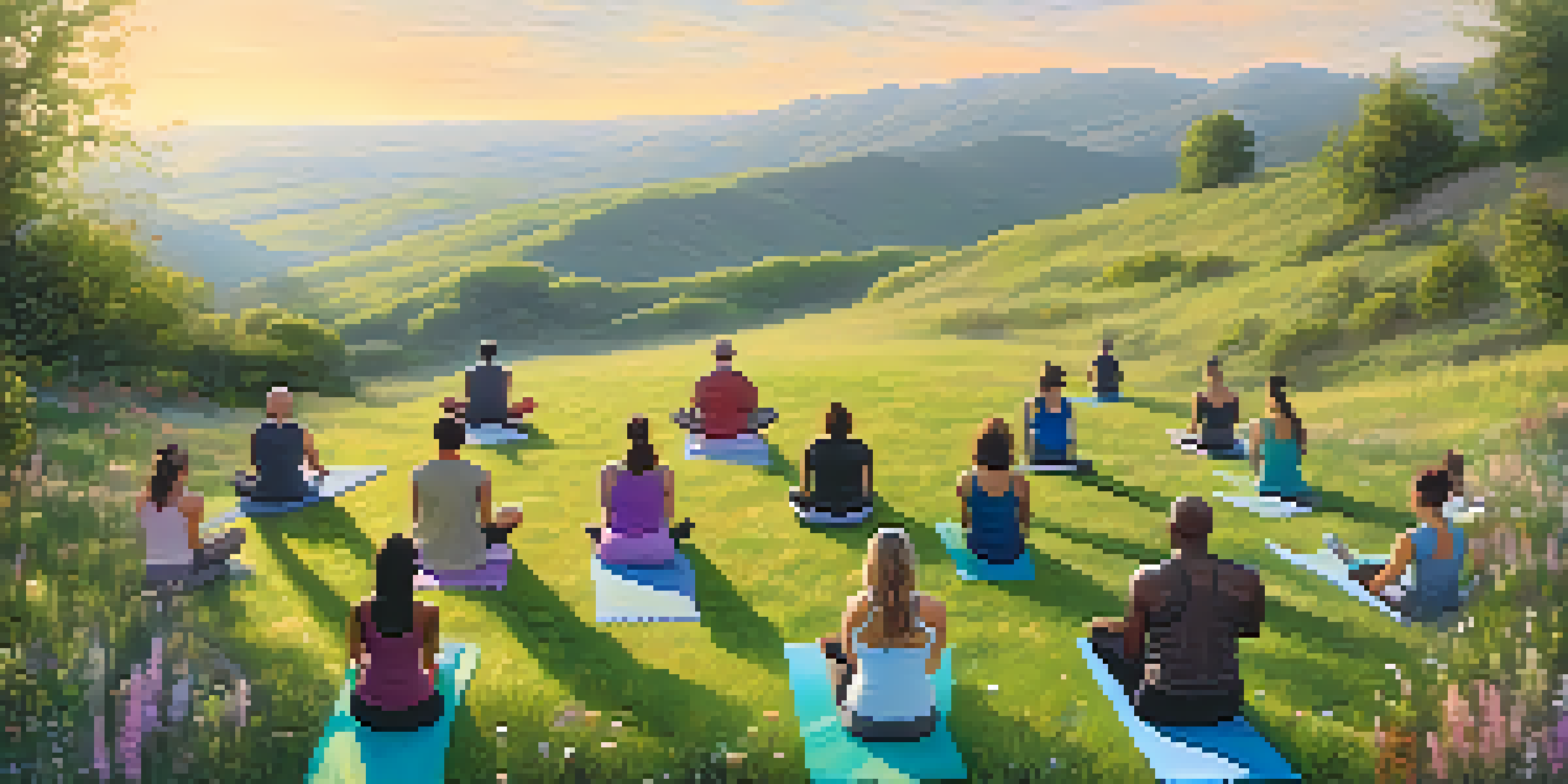 A group of diverse individuals practicing yoga on a hillside at sunrise, surrounded by wildflowers and wearing eco-friendly workout clothes.