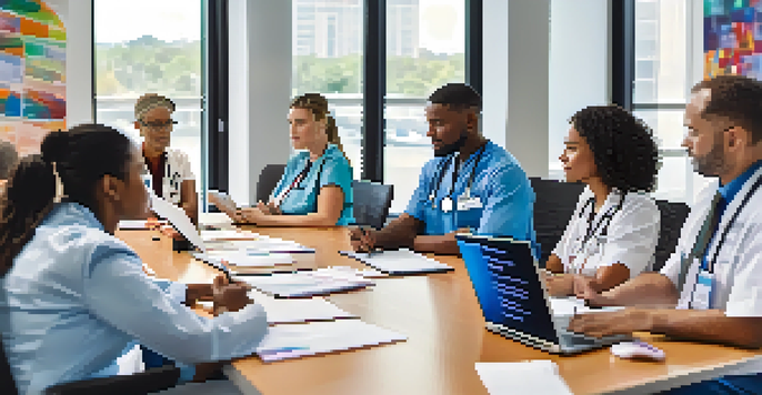A diverse team of healthcare providers participating in a cultural competency training session in a bright conference room.