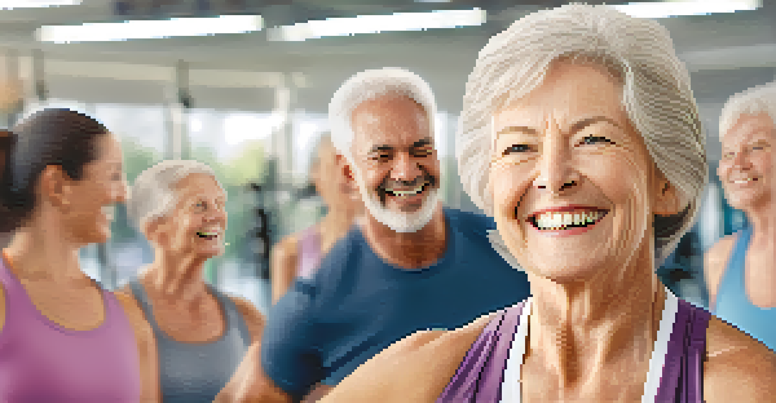 A senior woman joyfully lifting weights in a fitness class with other seniors in the background.