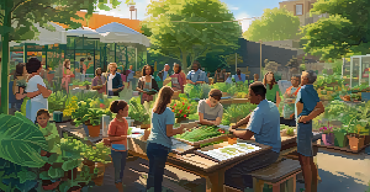 A group of people attending a gardening workshop in a community garden, surrounded by greenery and educational posters.