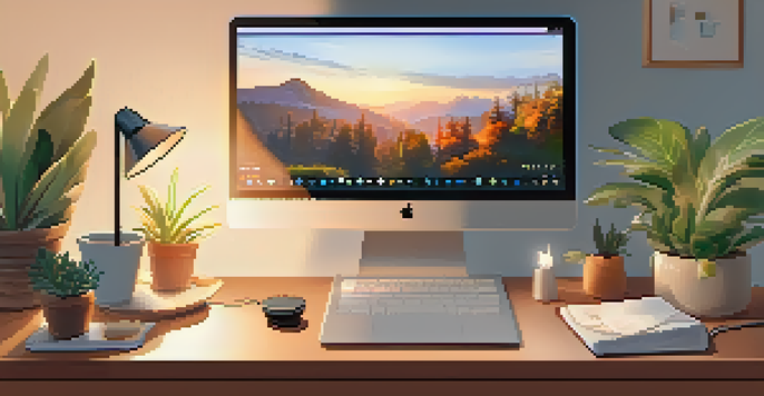 A cozy home office with a laptop open to a video call, surrounded by plants and calming artwork.