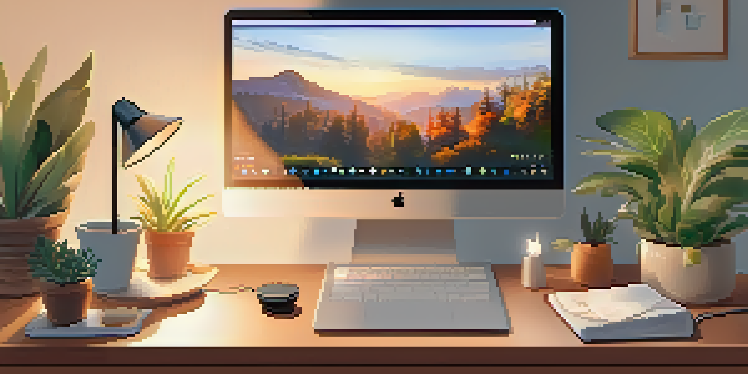 A cozy home office with a laptop open to a video call, surrounded by plants and calming artwork.