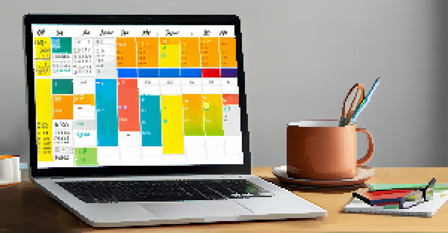 A laptop screen displaying a vibrant digital calendar with a time blocking schedule, surrounded by a notepad and cup of tea.