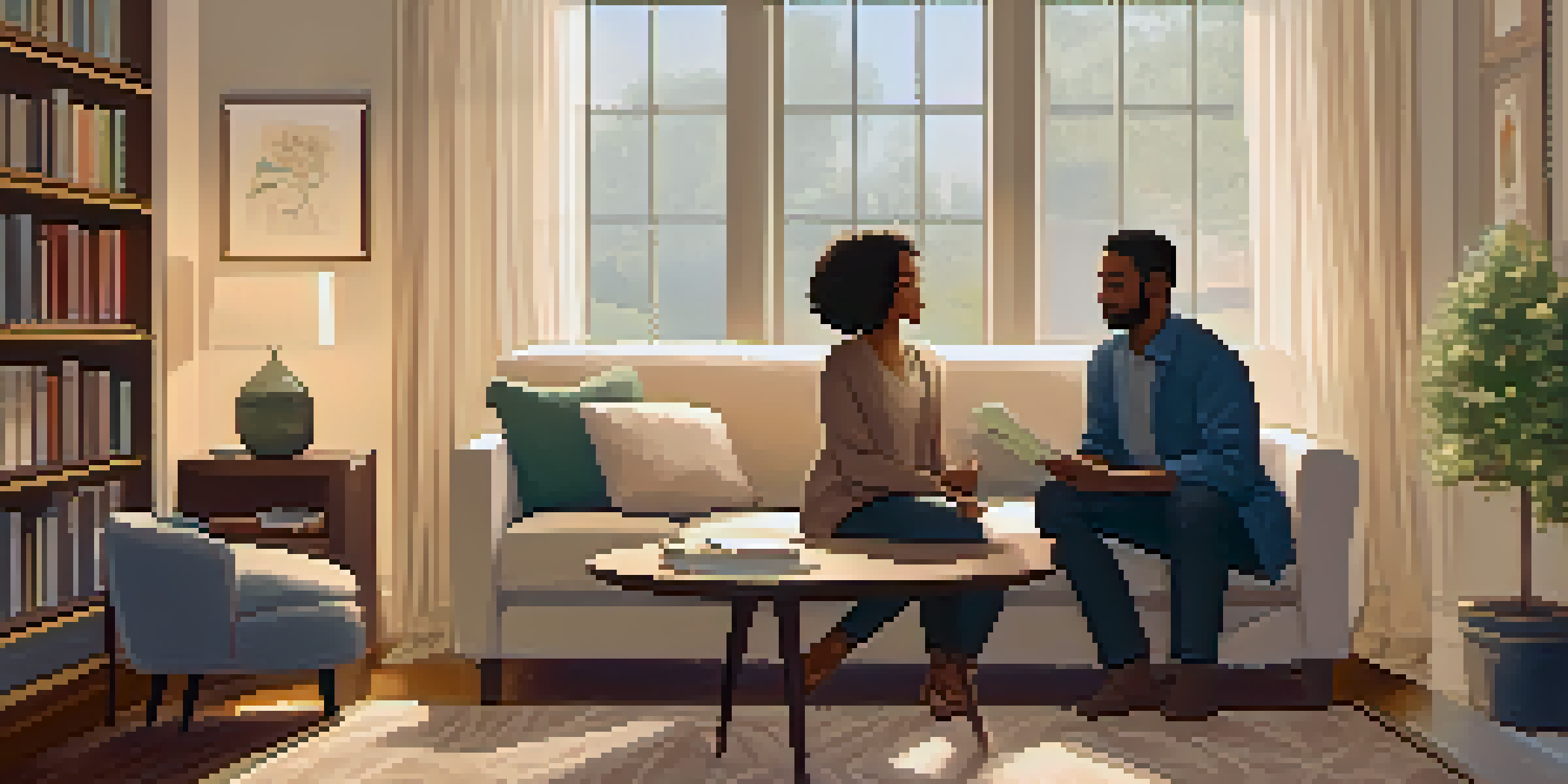 A cozy therapy room with a couch and a therapist talking to a client, featuring warm lighting and calming artwork.