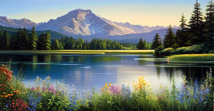 A peaceful lake surrounded by greenery and wildflowers under soft morning light with mountains in the distance.