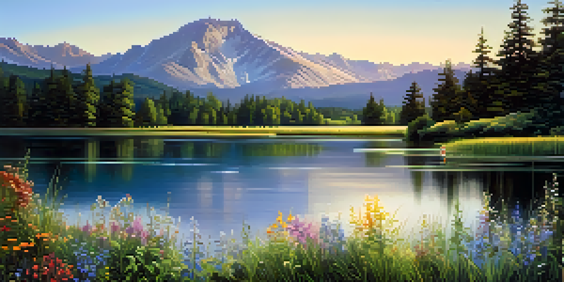 A peaceful lake surrounded by greenery and wildflowers under soft morning light with mountains in the distance.