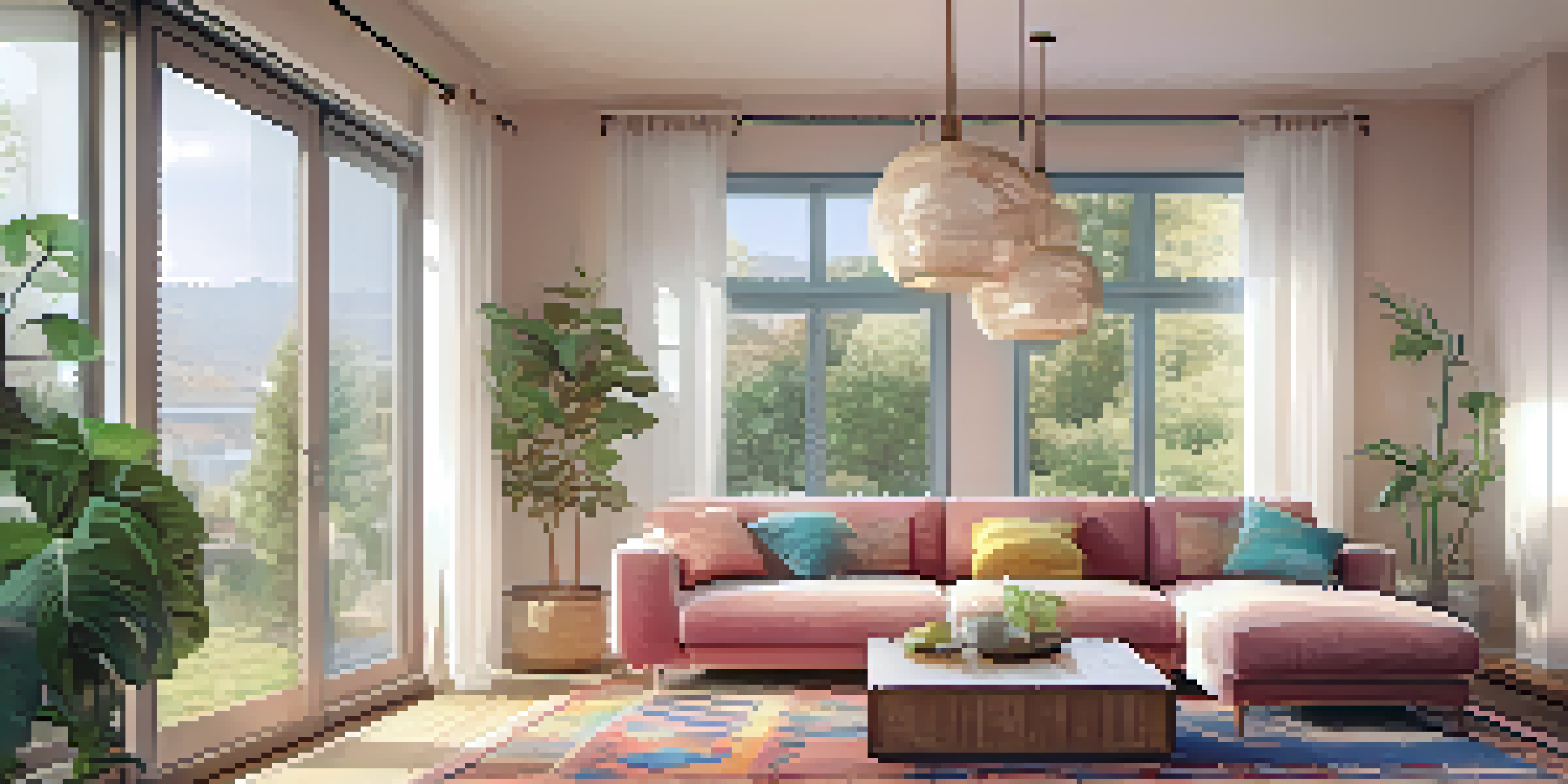 A bright and inviting living room with a comfortable sofa, colorful cushions, and warm sunlight streaming through large windows.