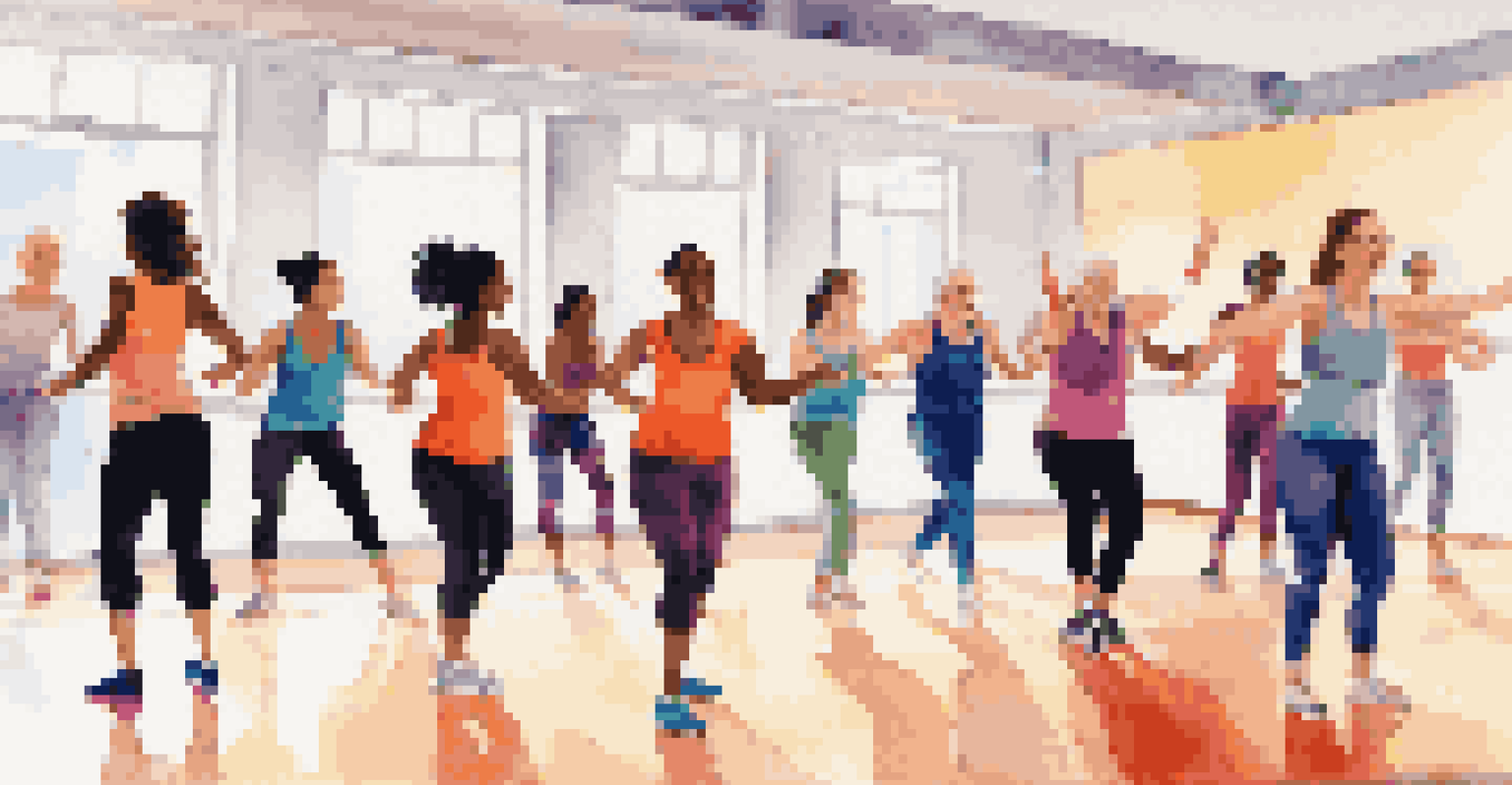 A lively dance fitness class in a studio with women dancing joyfully, reflecting energy and camaraderie.