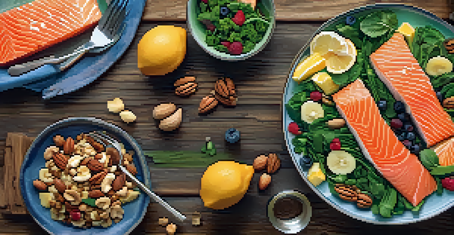 A colorful plate with leafy greens, nuts, salmon, and sliced fruits on a wooden table.