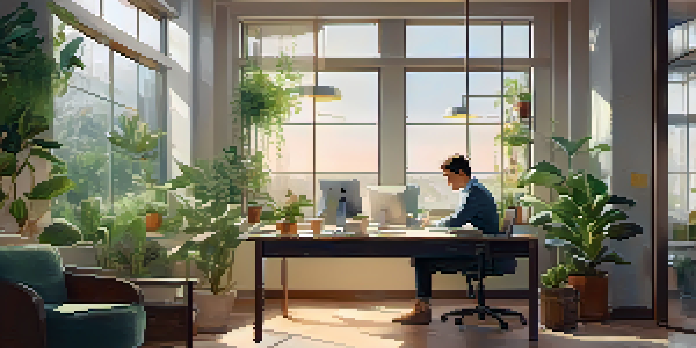 A person at an office desk politely declining a request with a smile, surrounded by plants and warm natural light.