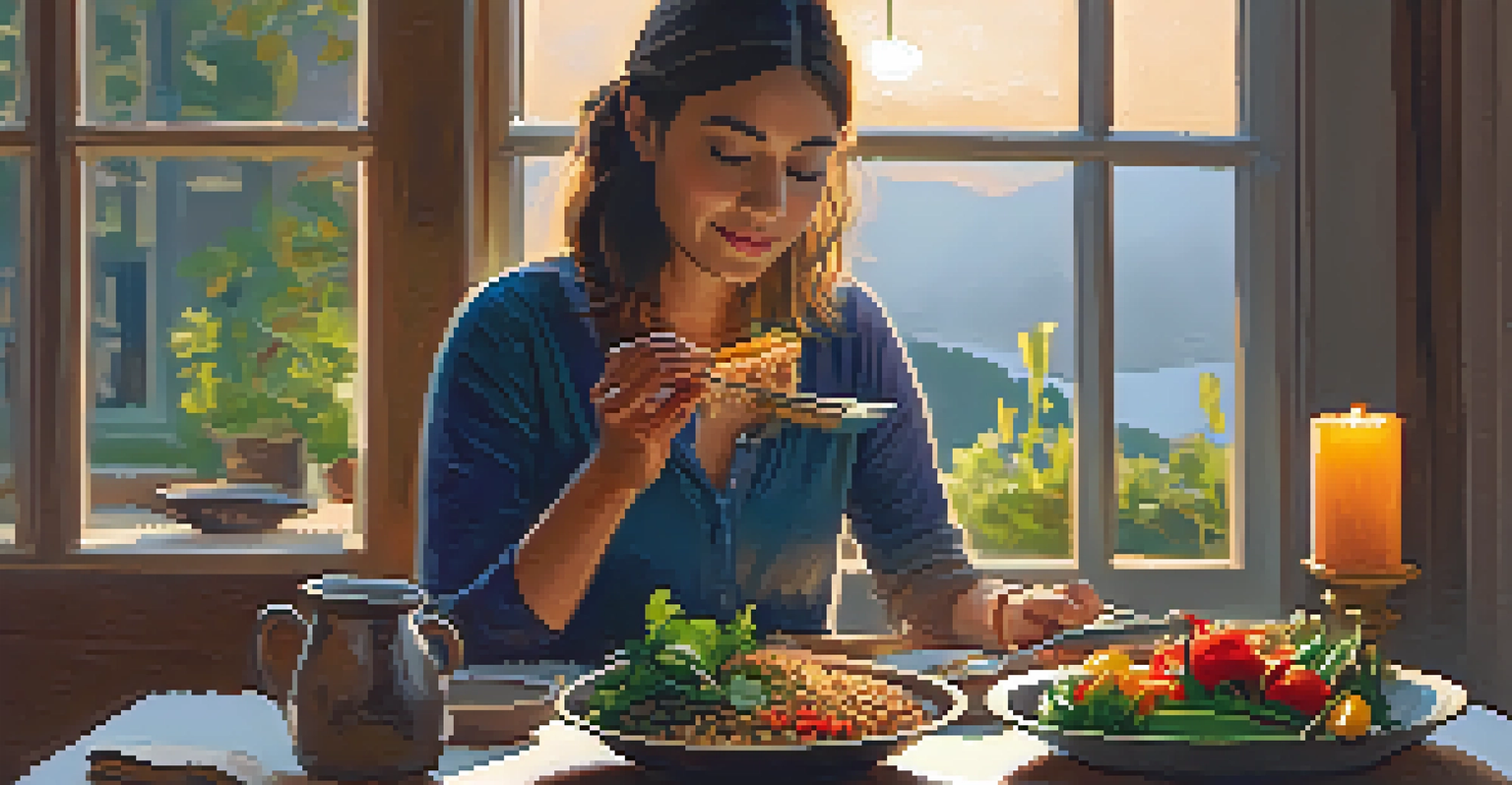 A person enjoying a mindful eating experience at a table set with whole foods, surrounded by a serene ambiance.