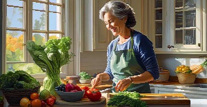 A woman in her 50s cooking a healthy meal in a bright kitchen filled with fresh vegetables and fruits.