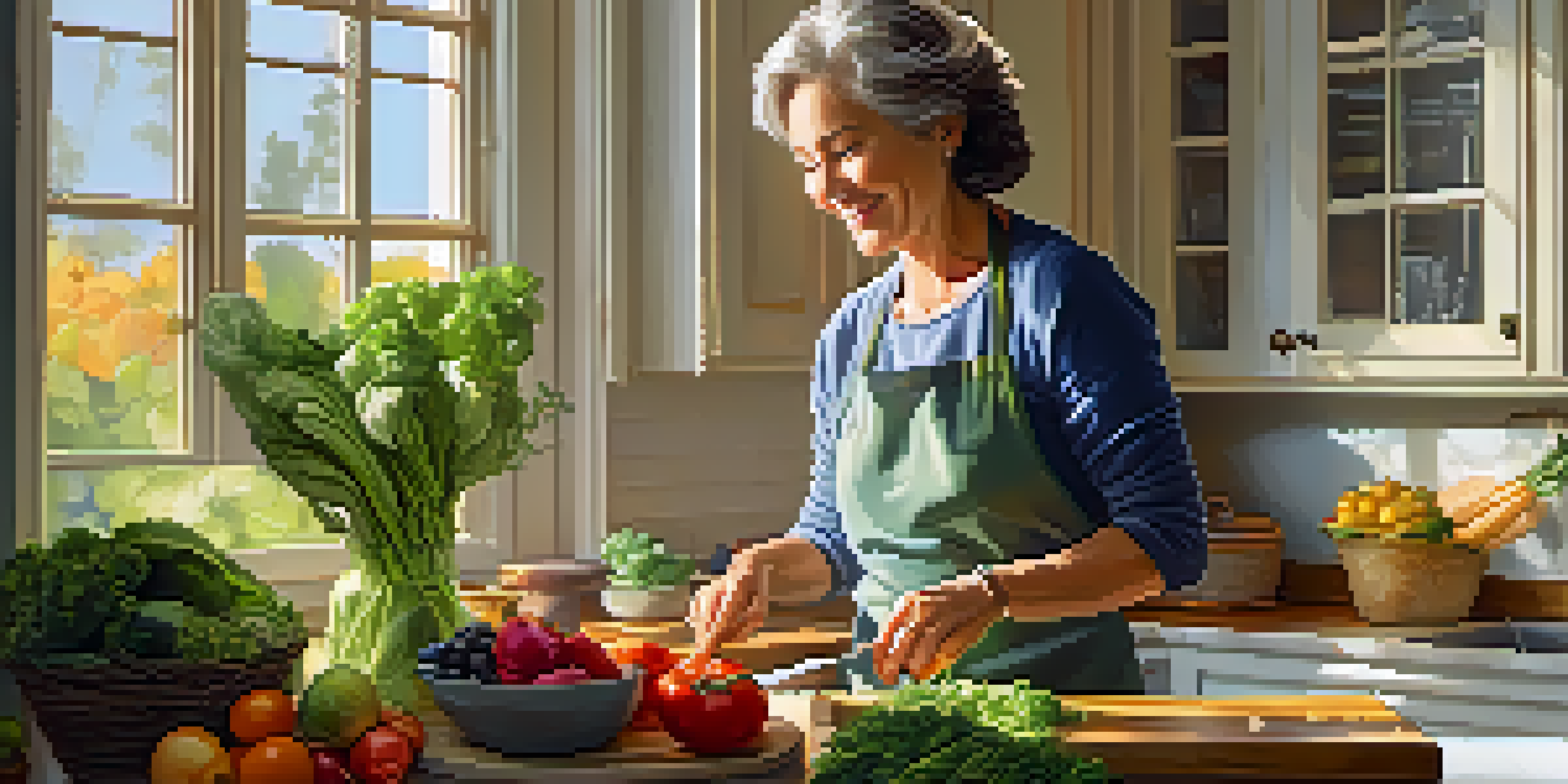 A woman in her 50s cooking a healthy meal in a bright kitchen filled with fresh vegetables and fruits.