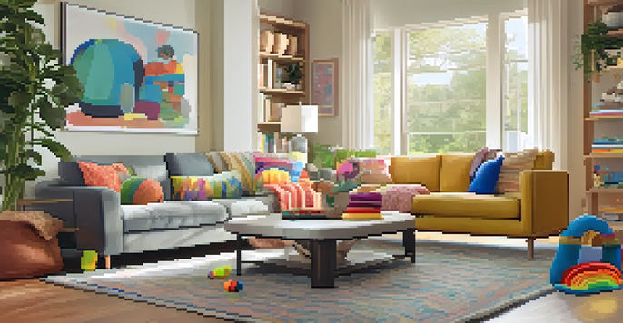 A cozy living room with a designated pet area, including a dog bed, toys, and soft lighting.