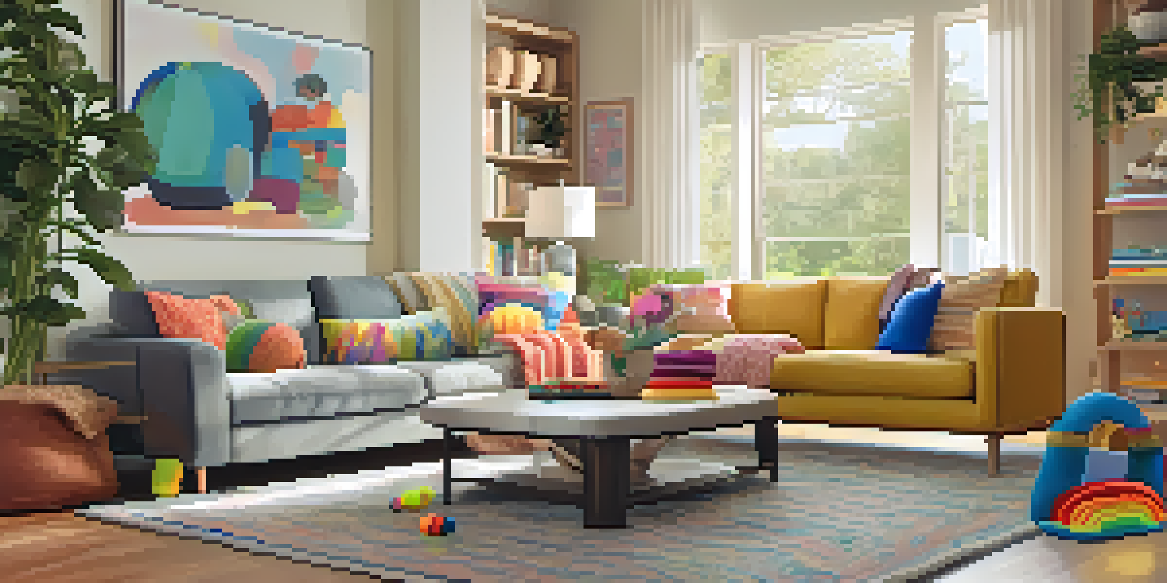 A cozy living room with a designated pet area, including a dog bed, toys, and soft lighting.