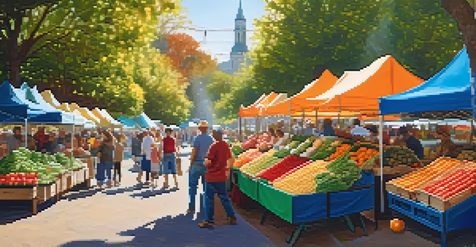 A busy farmer's market with colorful fruits and vegetables, people browsing, and sunlight filtering through trees.