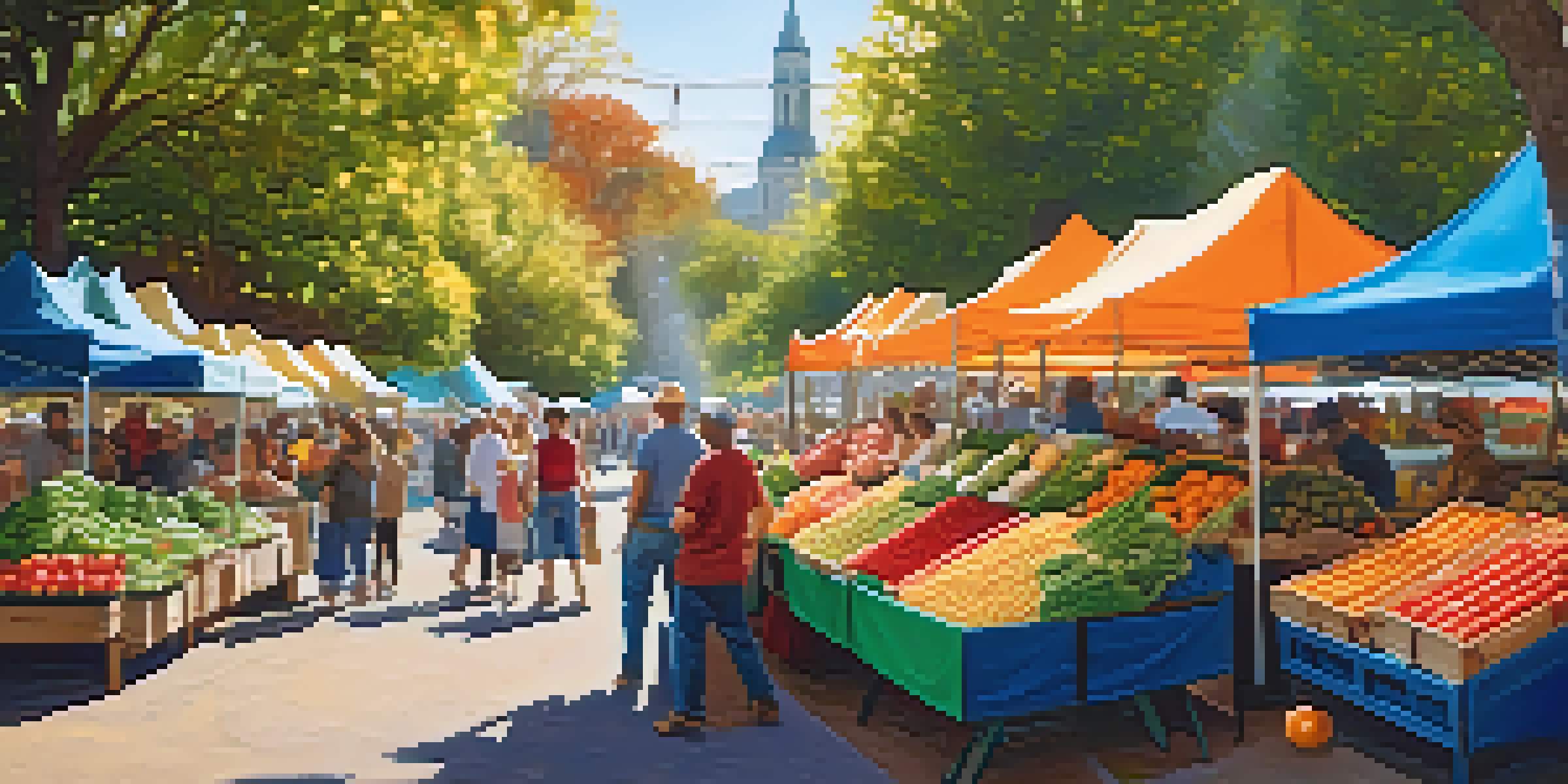 A busy farmer's market with colorful fruits and vegetables, people browsing, and sunlight filtering through trees.