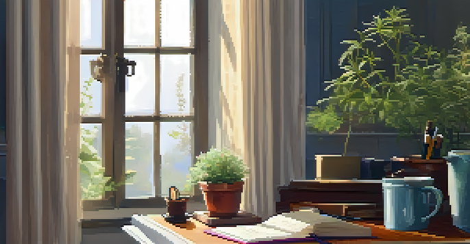 A cozy writing space with an open journal, a fountain pen, a cup of herbal tea, and soft morning light coming through a window.
