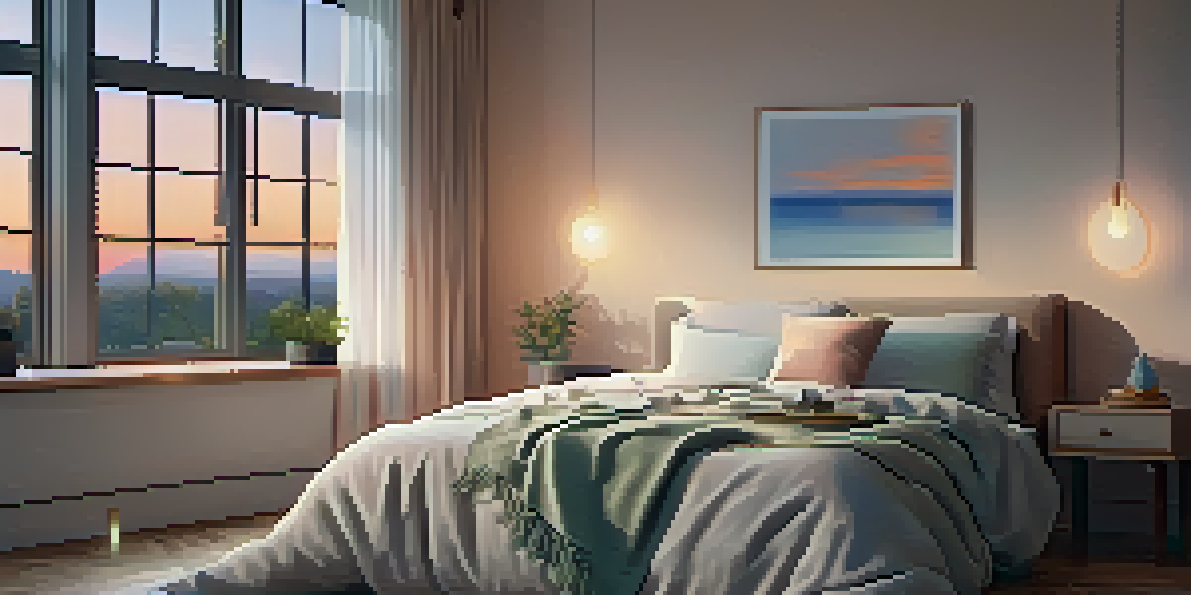 A tranquil bedroom setup with a made bed, soft pastel bedding, warm lighting, and a bedside table with a plant and a book.