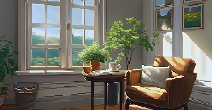 A peaceful morning setup featuring an armchair, a gratitude journal, a cup of tea, and sunlight streaming through a window.