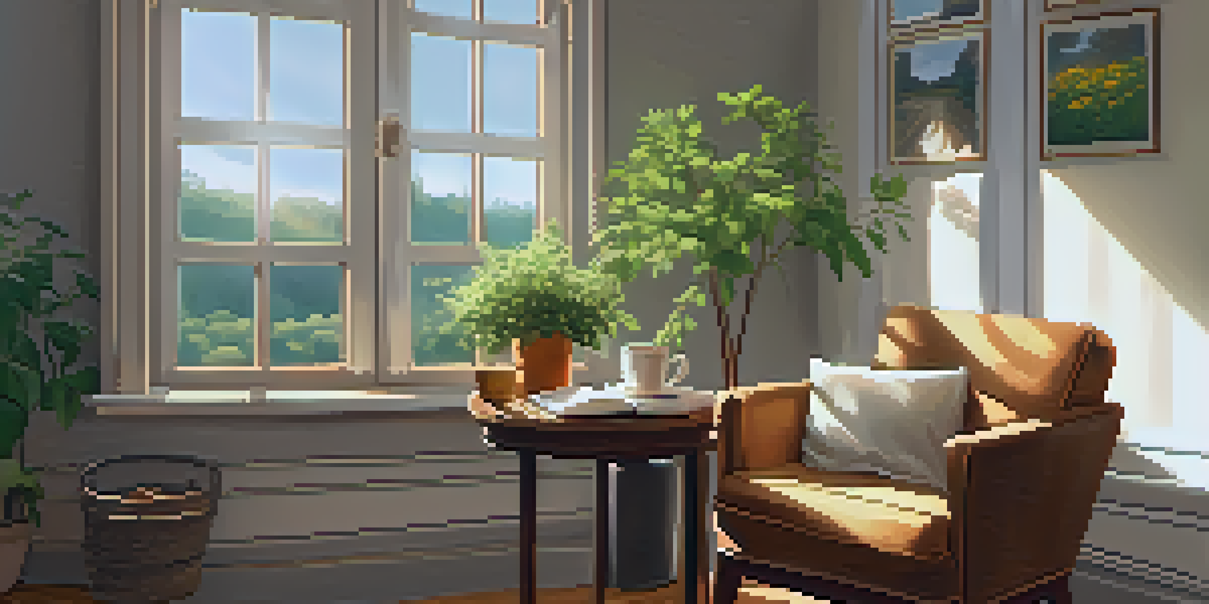 A peaceful morning setup featuring an armchair, a gratitude journal, a cup of tea, and sunlight streaming through a window.