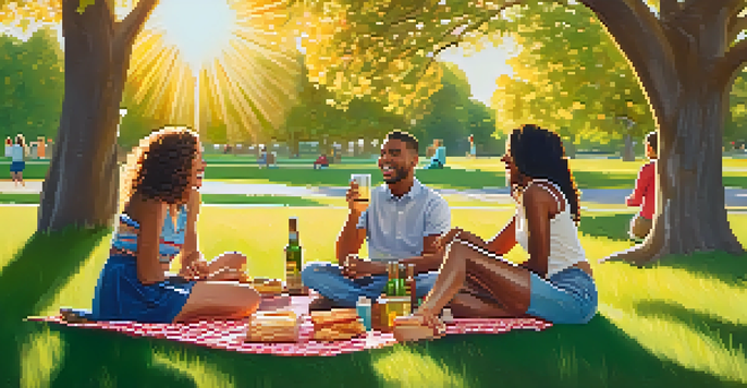 A diverse group of friends enjoying a picnic in a park during sunset, with sunlight filtering through the trees.