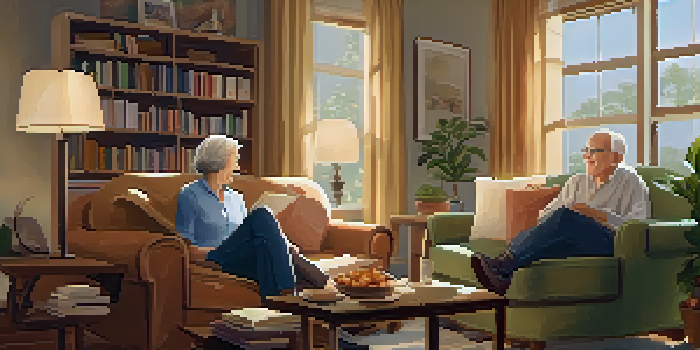 An elderly couple sitting on a sofa in a cozy living room, surrounded by family photos and warm lighting, smiling and engaged in conversation.