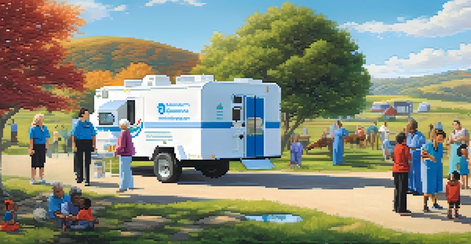 A mobile health unit in a rural area with people interacting with healthcare professionals in front of a community center.