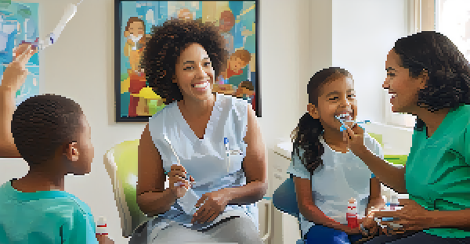 A diverse group of people attending a community dental health workshop, learning about oral hygiene from a dental professional.