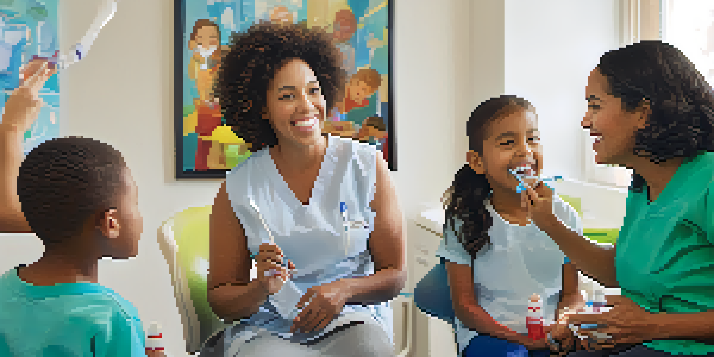 A diverse group of people attending a community dental health workshop, learning about oral hygiene from a dental professional.