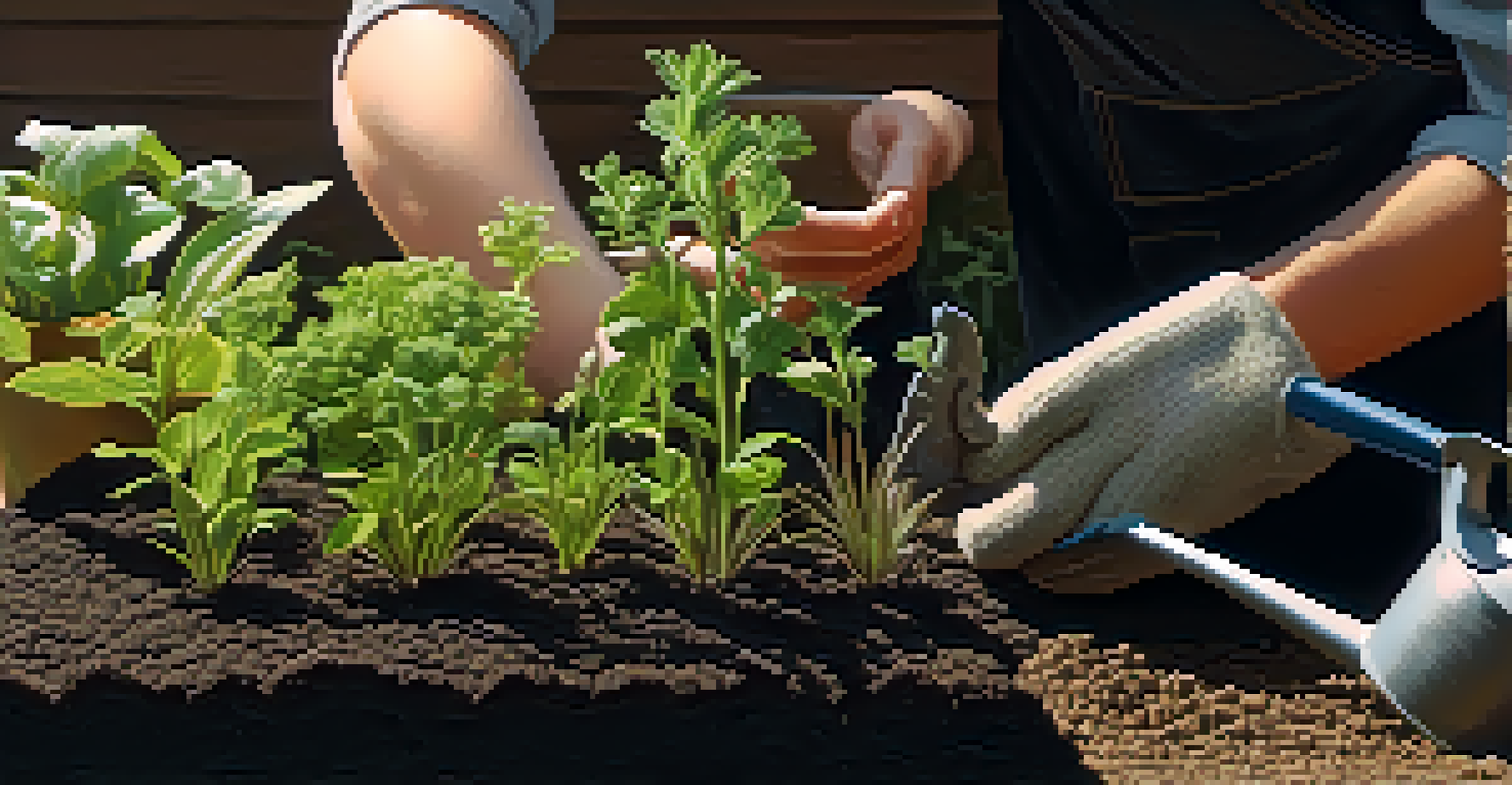 A close-up of an individual planting herbs in a garden, with rich soil, seedlings, and gardening tools visible in a sunlit setting.