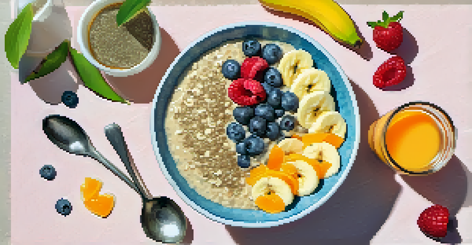 A breakfast bowl with oatmeal, bananas, berries, chia seeds, and a glass of orange juice in a bright setting.