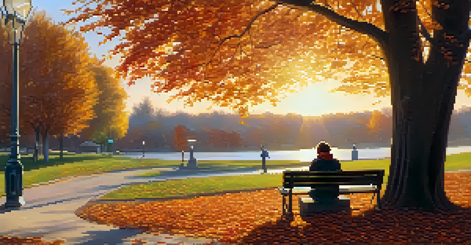 A person writing in a journal on a park bench surrounded by colorful autumn leaves during sunset.