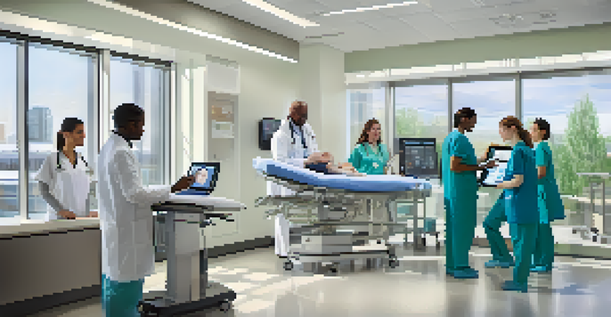 A diverse group of healthcare professionals collaborating around a digital tablet showing medical records in a modern hospital setting.