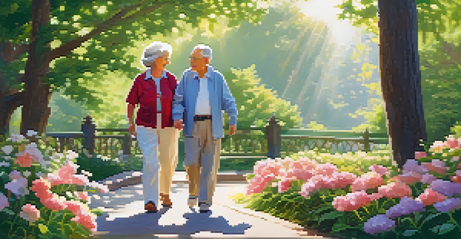 An elderly couple walking in a park with blooming flowers and greenery under the sunlight.