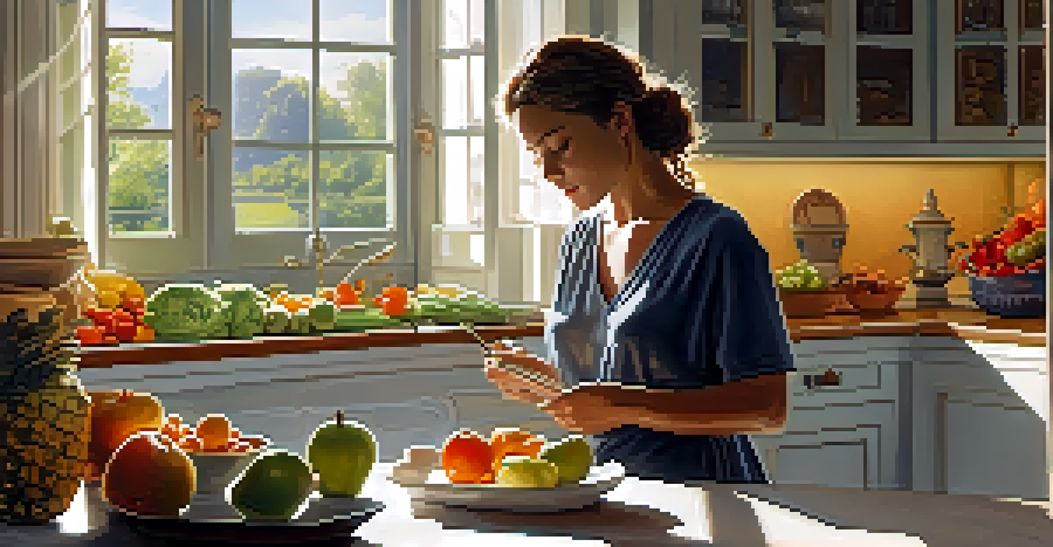 A person enjoying a meal mindfully in a sunlit kitchen, surrounded by fresh fruits and vegetables.